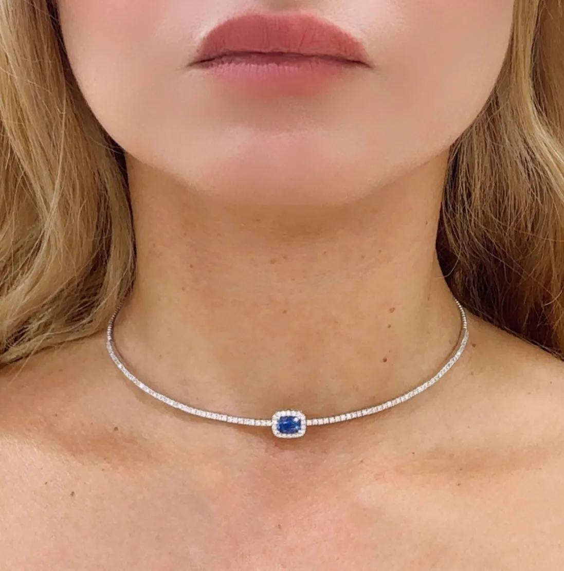 2.50carat Choker with Cushion Cut Blue Sapphire Center Tennis Necklace