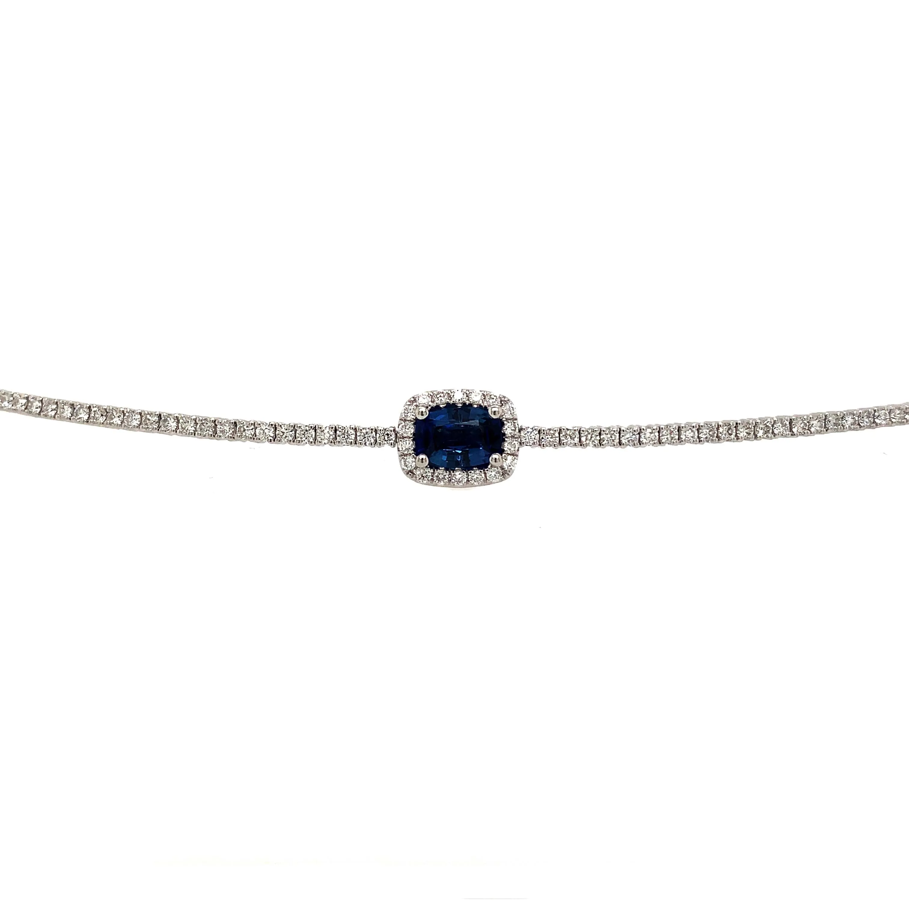 2.50carat Choker with Cushion Cut Blue Sapphire Center Tennis Necklace