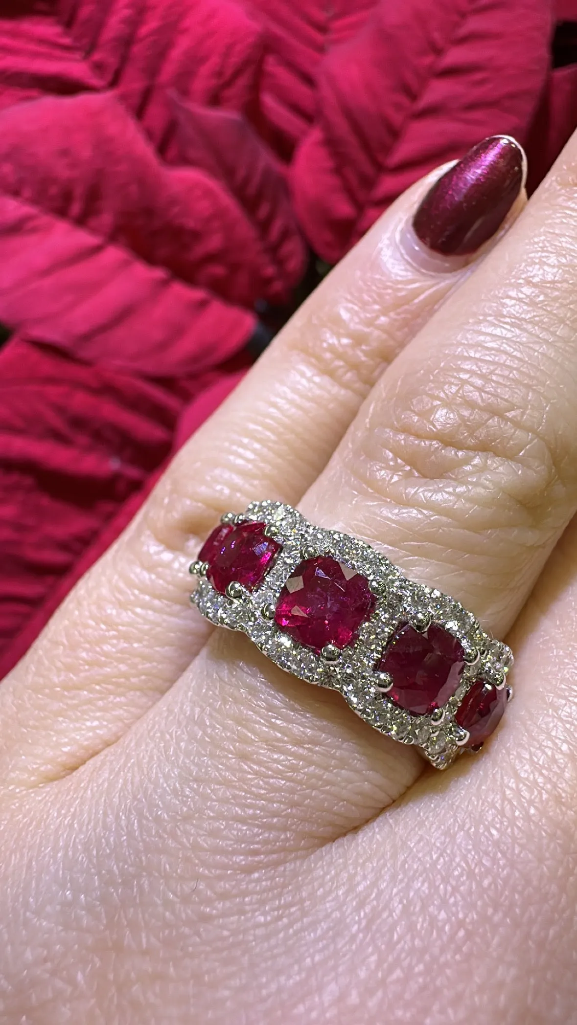 4.95ct tw Five Ruby Cushion-cut and White Diamond Ring