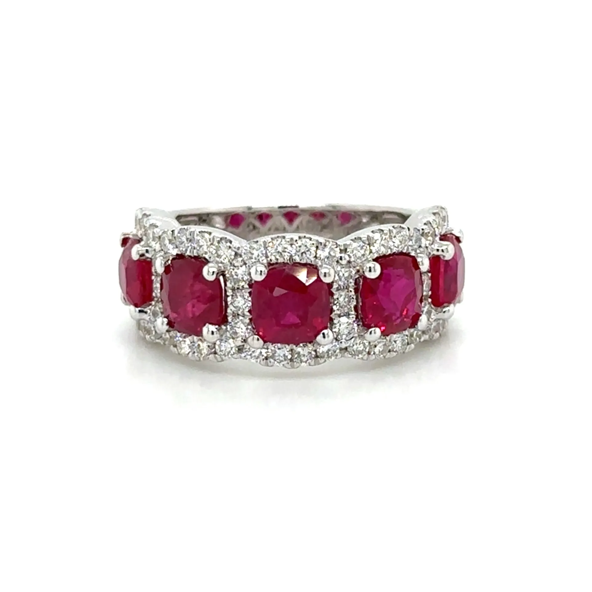 4.95ct tw Five Ruby Cushion-cut and White Diamond Ring