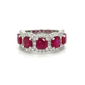 4.95ct tw Five Ruby Cushion-cut and White Diamond Ring