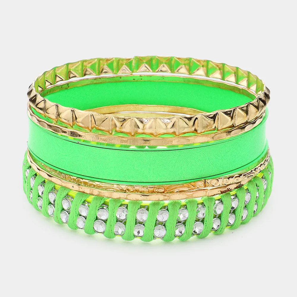 6 Piece Layered Neon Green and Gold Bangle Bracelets |  609318
