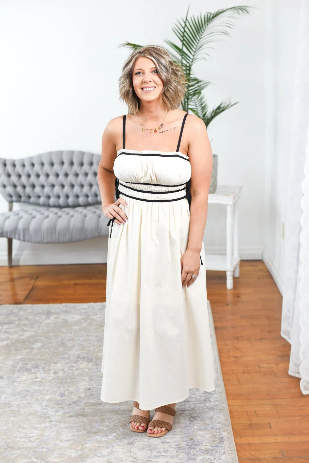 Adaline Ruched Spaghetti Strap Midi Dress