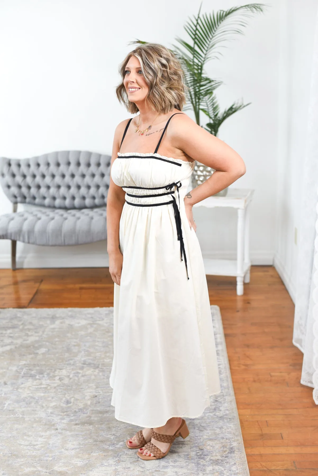 Adaline Ruched Spaghetti Strap Midi Dress