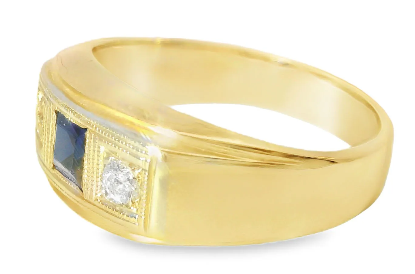 Antique 14K Two-Tone Gold Sapphire Diamond 3-Stone Unisex Band Ring