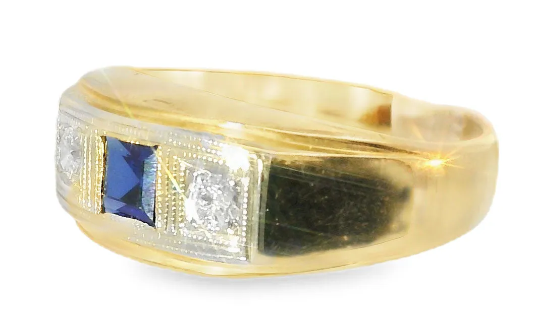 Antique 14K Two-Tone Gold Sapphire Diamond 3-Stone Unisex Band Ring