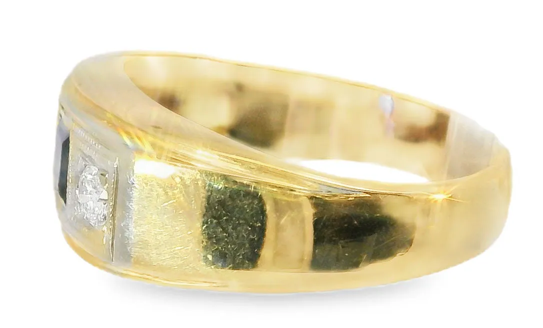 Antique 14K Two-Tone Gold Sapphire Diamond 3-Stone Unisex Band Ring