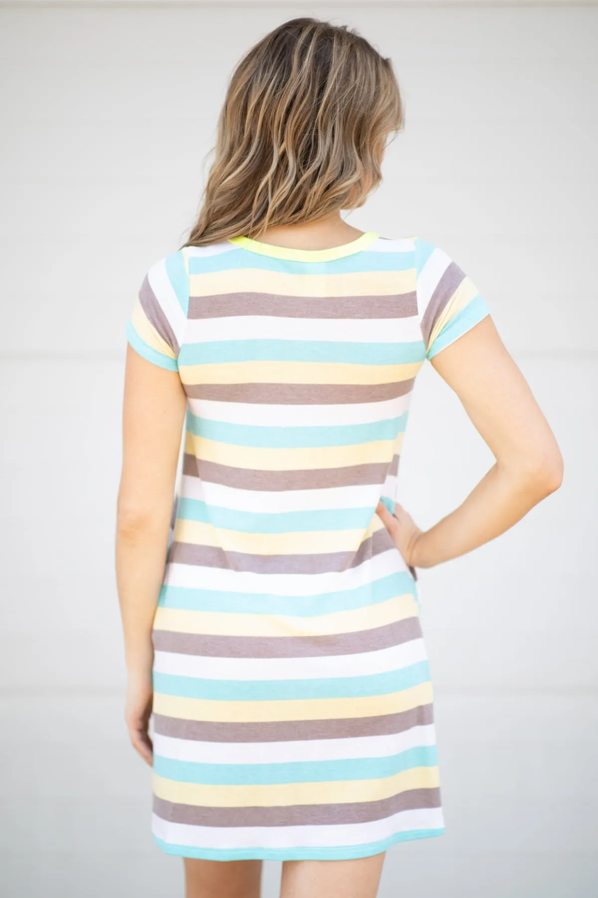 Aqua and Mocha Stripe Short Sleeve Dress