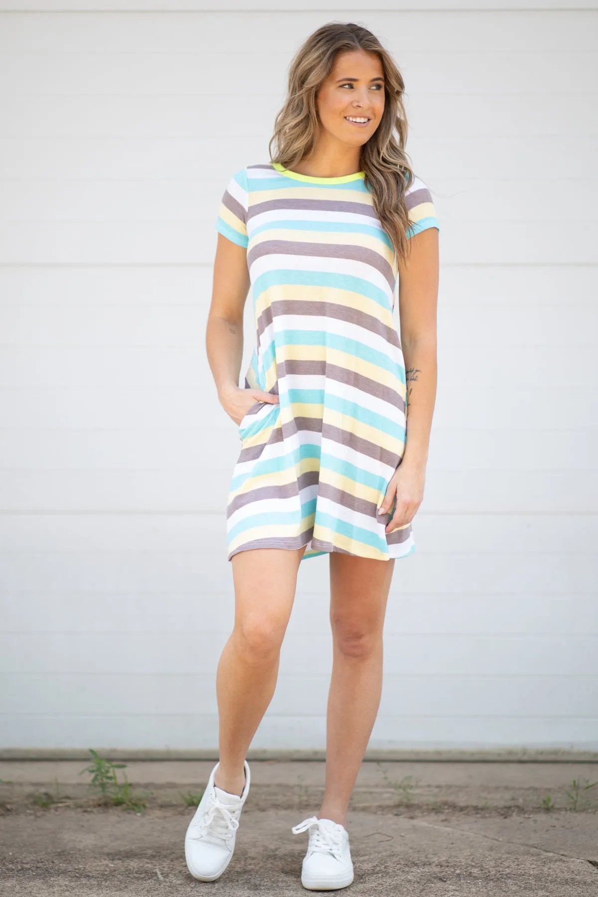 Aqua and Mocha Stripe Short Sleeve Dress
