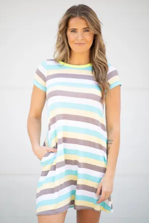 Aqua and Mocha Stripe Short Sleeve Dress