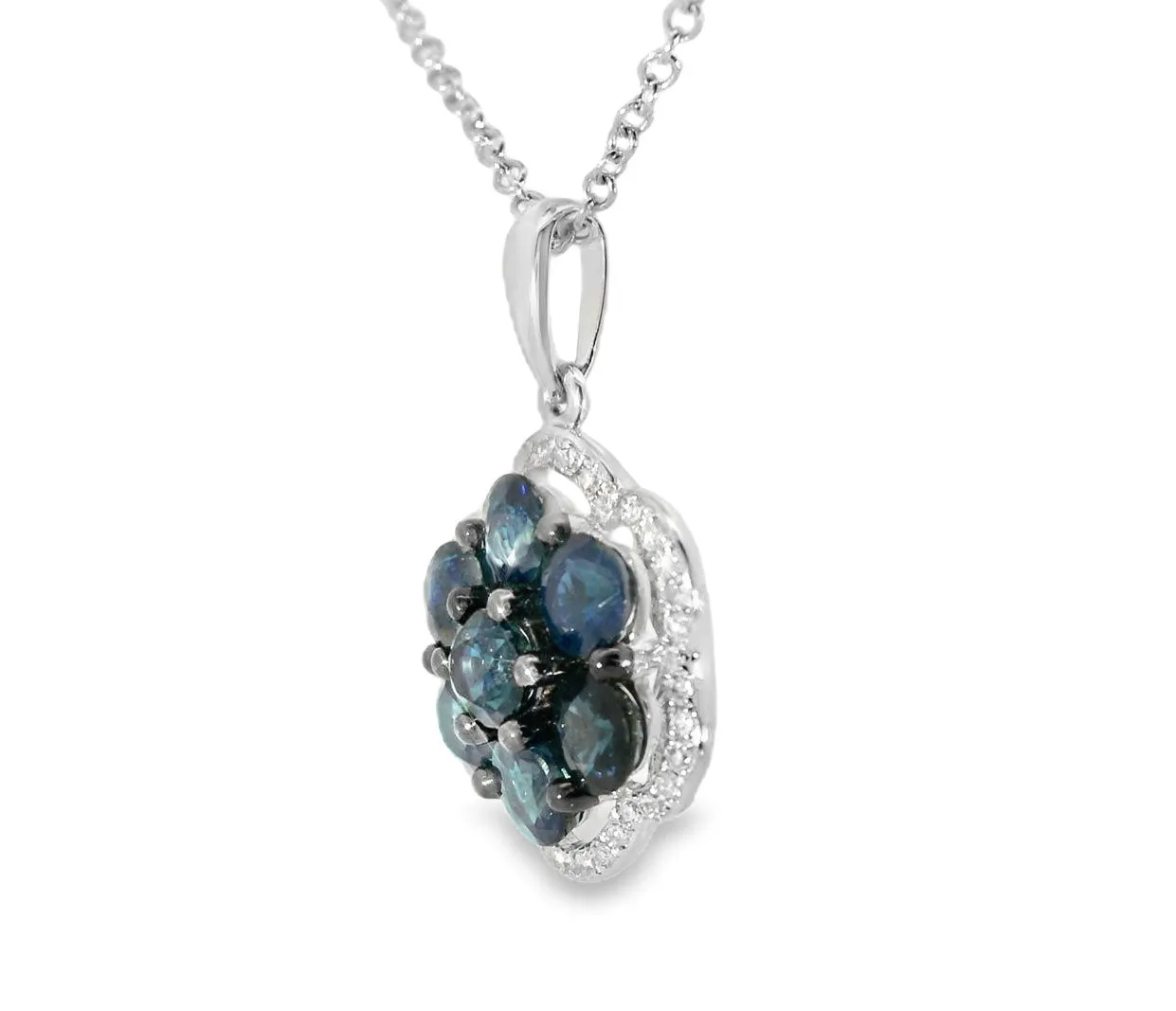 Beautiful 14K White Gold Diamond Sapphire Floral Slide Pendant
