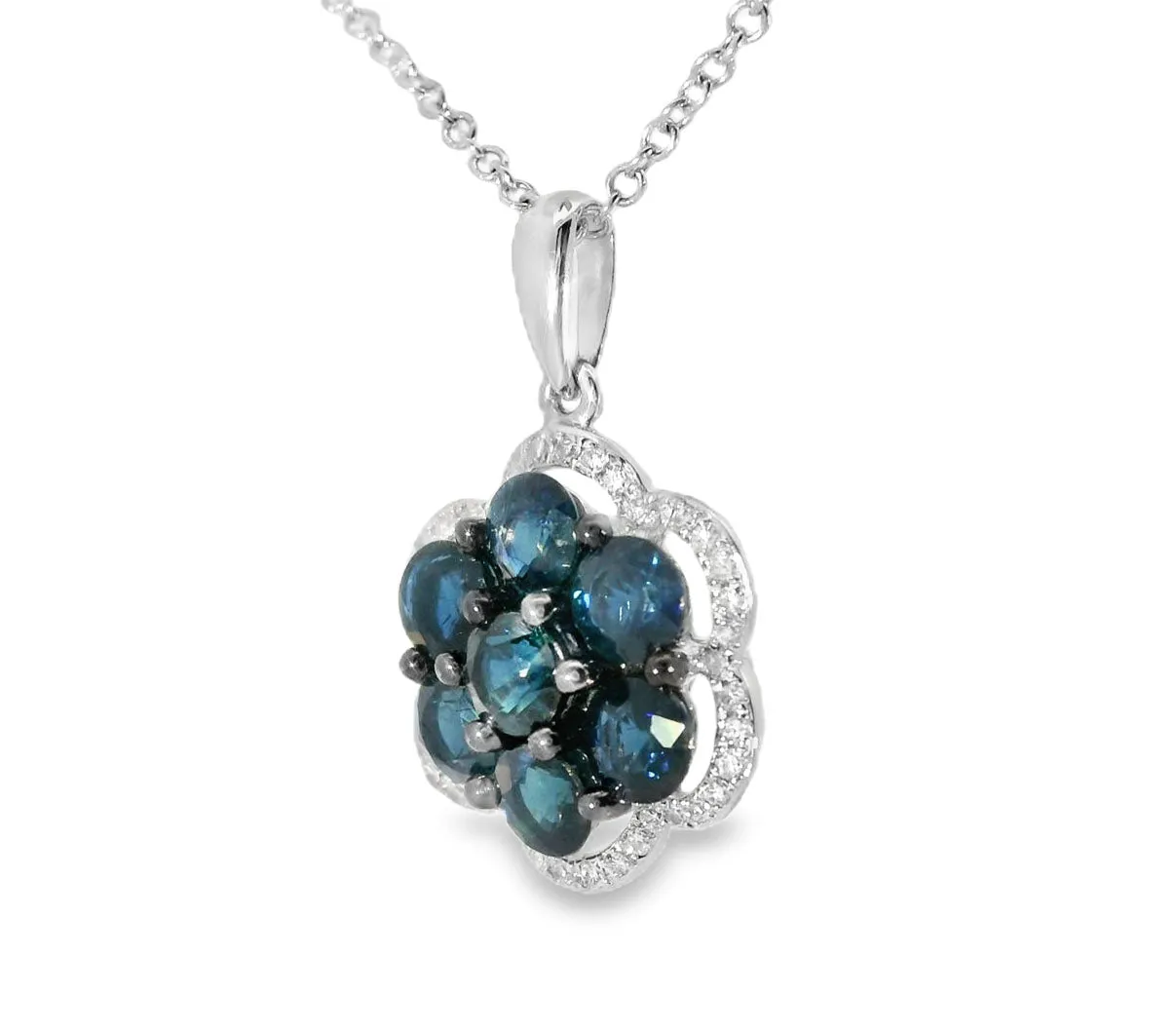 Beautiful 14K White Gold Diamond Sapphire Floral Slide Pendant