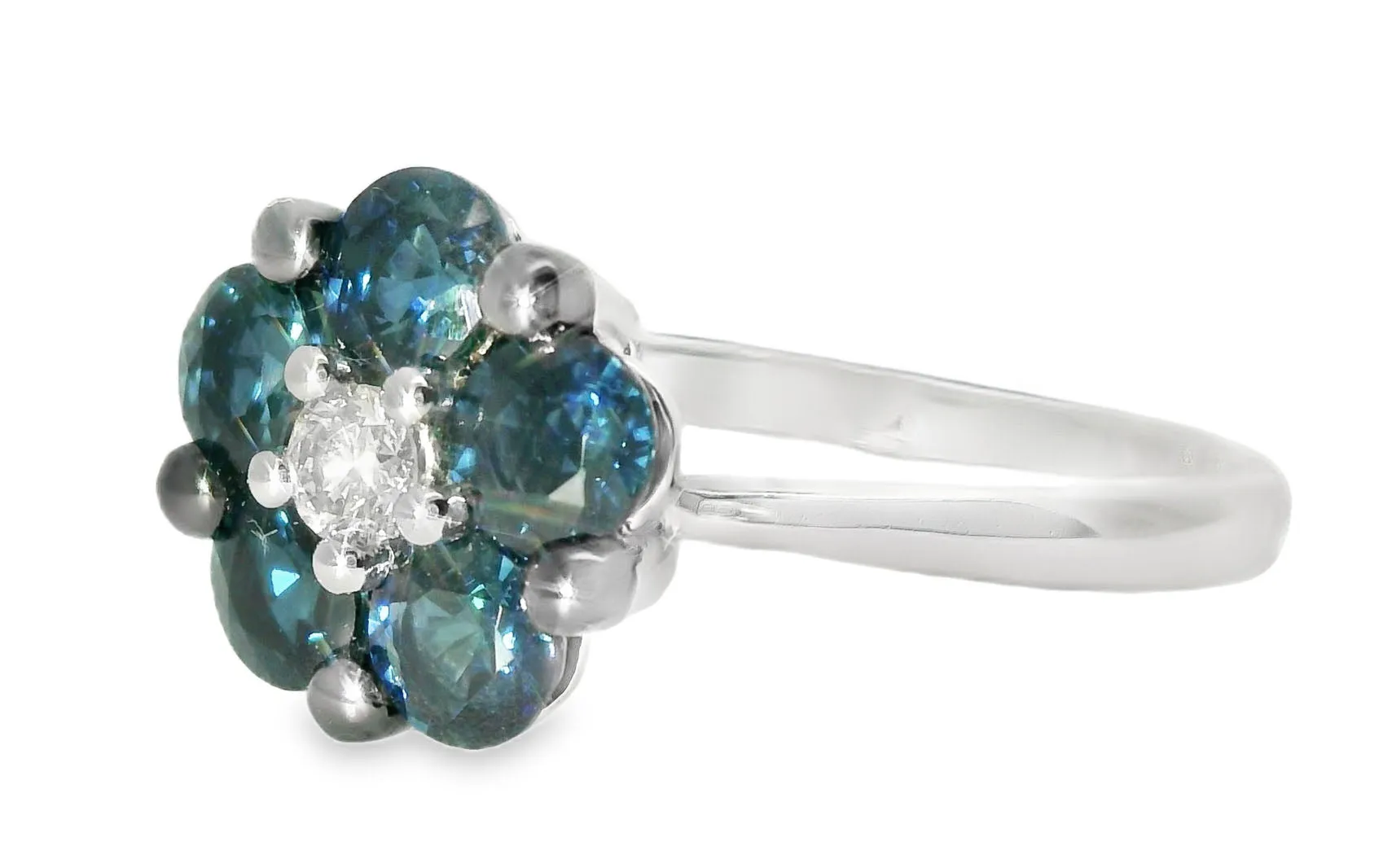 Beautiful 14K White Gold Diamond Sapphire Flower Ring