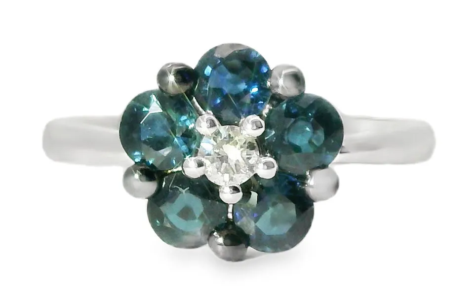 Beautiful 14K White Gold Diamond Sapphire Flower Ring