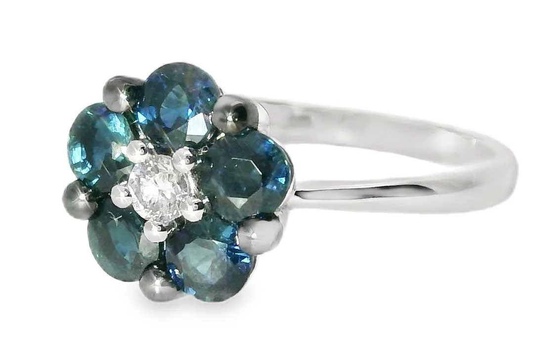 Beautiful 14K White Gold Diamond Sapphire Flower Ring