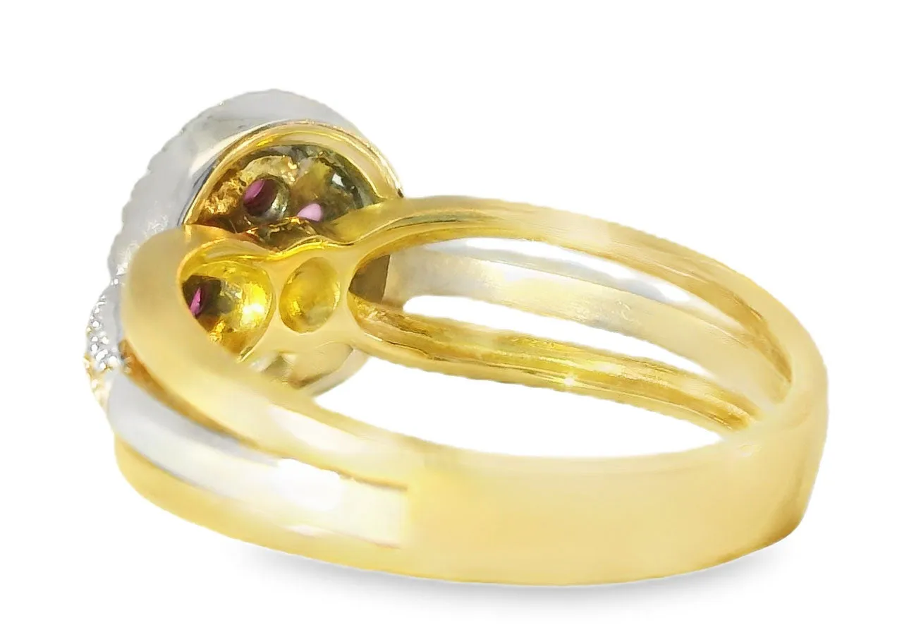 Beautiful Estate 14K 2-Tone Two-Tone Gold Ruby Diamond Floral Ring Band