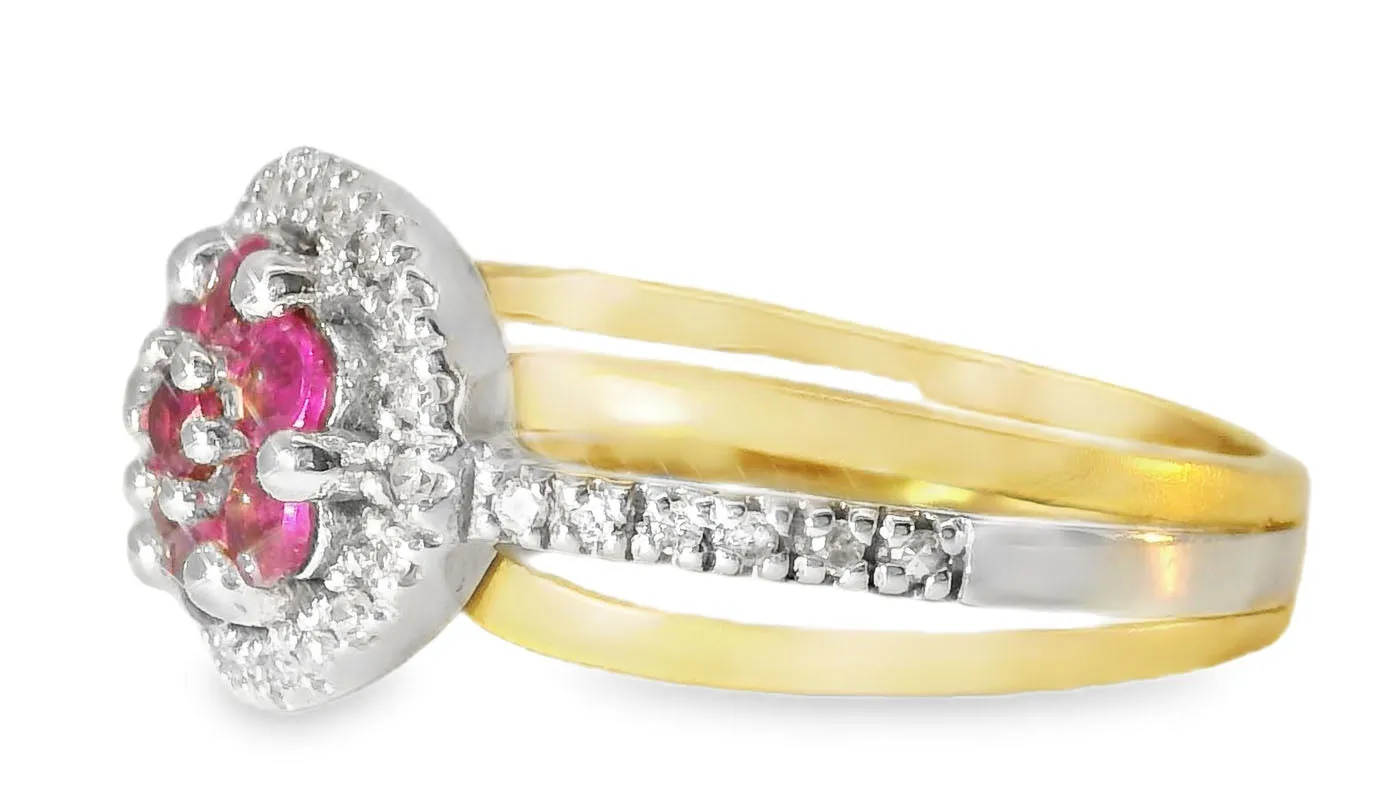 Beautiful Estate 14K 2-Tone Two-Tone Gold Ruby Diamond Floral Ring Band