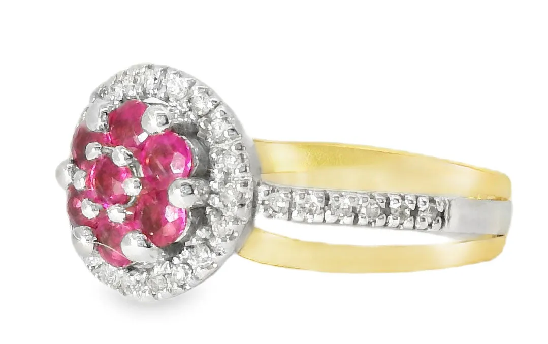 Beautiful Estate 14K 2-Tone Two-Tone Gold Ruby Diamond Floral Ring Band