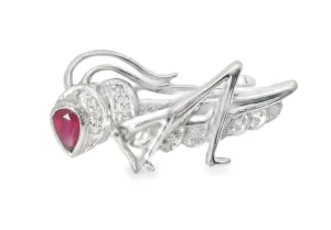 Beautiful Estate 14K White Gold Ruby Diamond Bug Grasshopper Brooch Pin