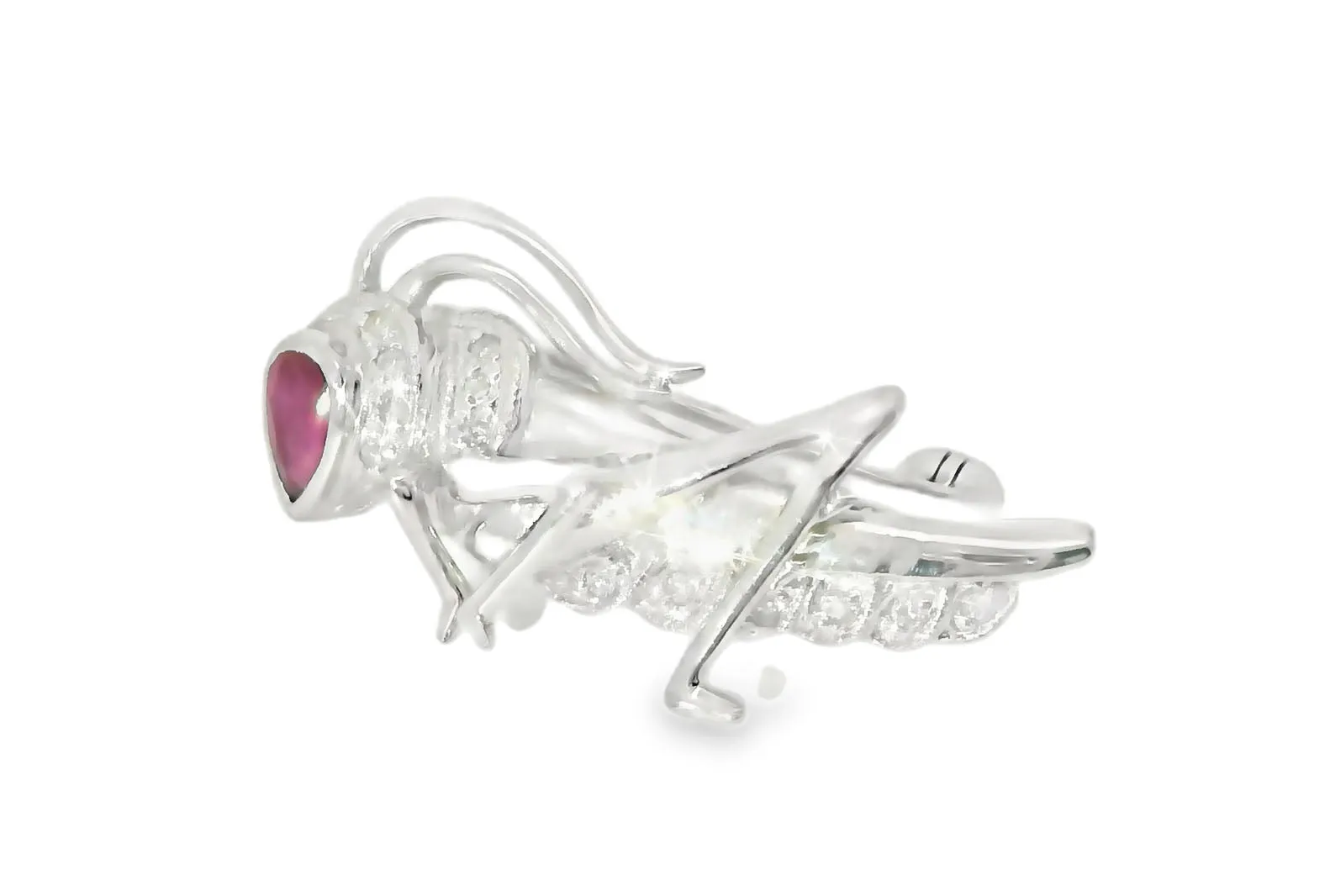 Beautiful Estate 14K White Gold Ruby Diamond Bug Grasshopper Brooch Pin