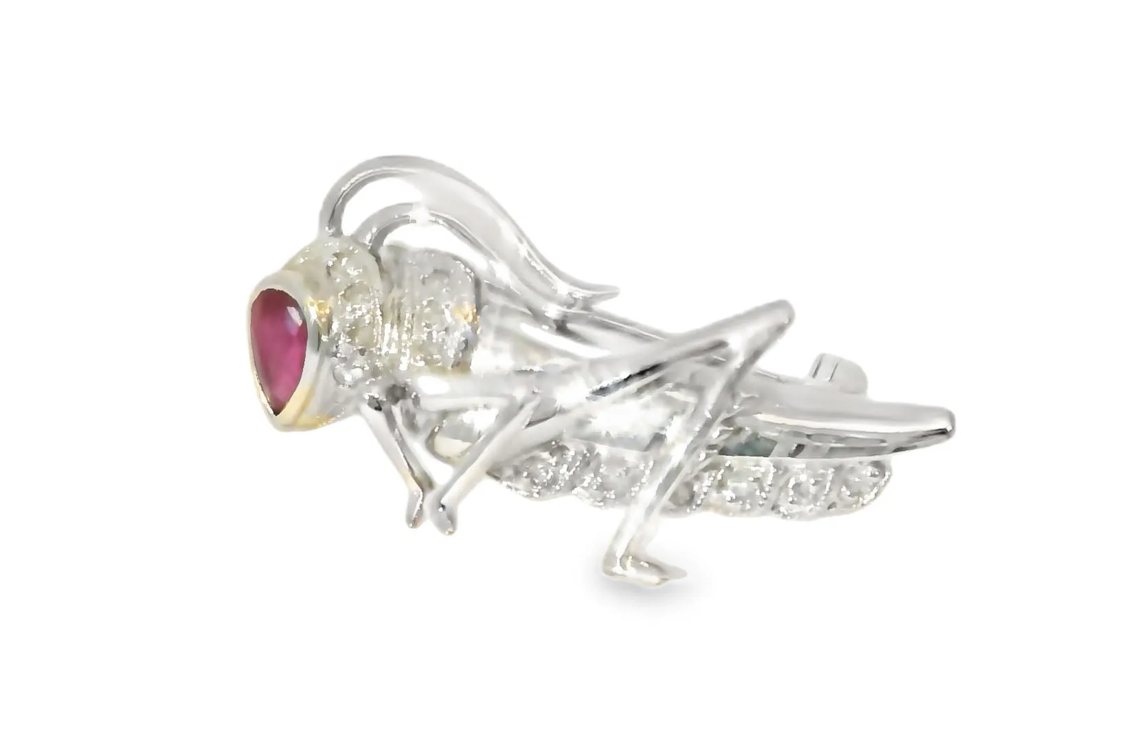 Beautiful Estate 14K White Gold Ruby Diamond Bug Grasshopper Brooch Pin