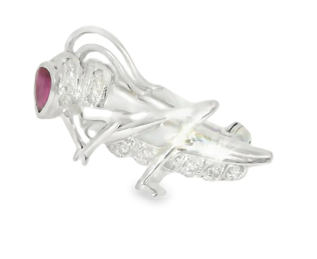 Beautiful Estate 14K White Gold Ruby Diamond Bug Grasshopper Brooch Pin