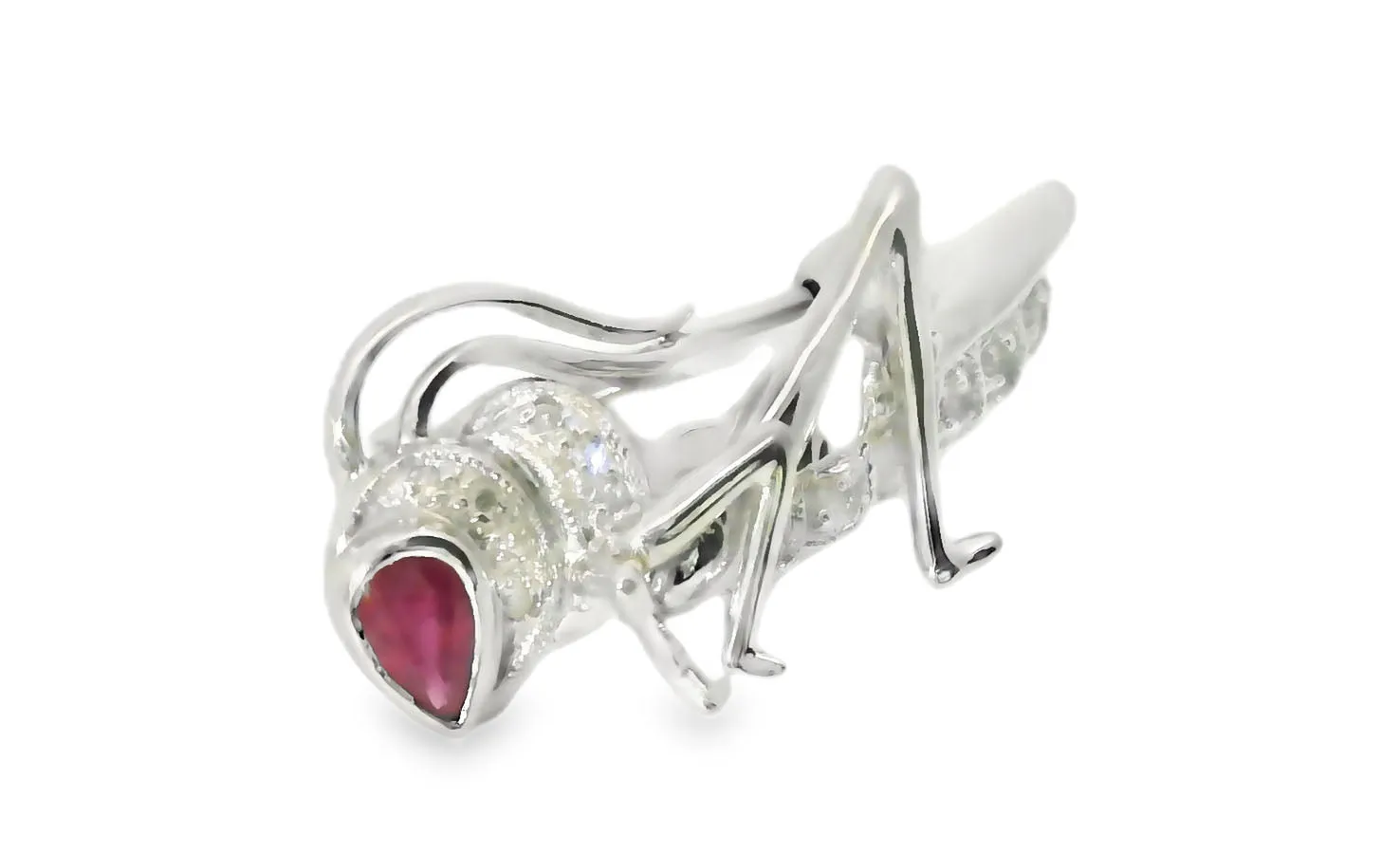 Beautiful Estate 14K White Gold Ruby Diamond Bug Grasshopper Brooch Pin