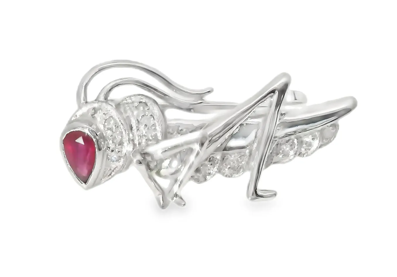 Beautiful Estate 14K White Gold Ruby Diamond Bug Grasshopper Brooch Pin