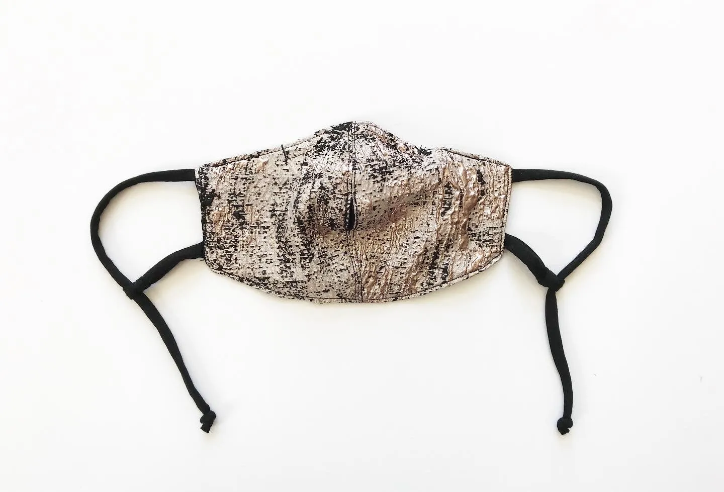 Black and Rose Gold Metallic Brocade Face Mask with Straw Hole