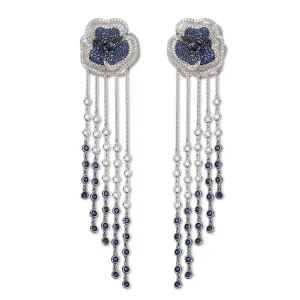 Bloom Medium Flower Halo Blue Sapphire Long Earrings in White Gold