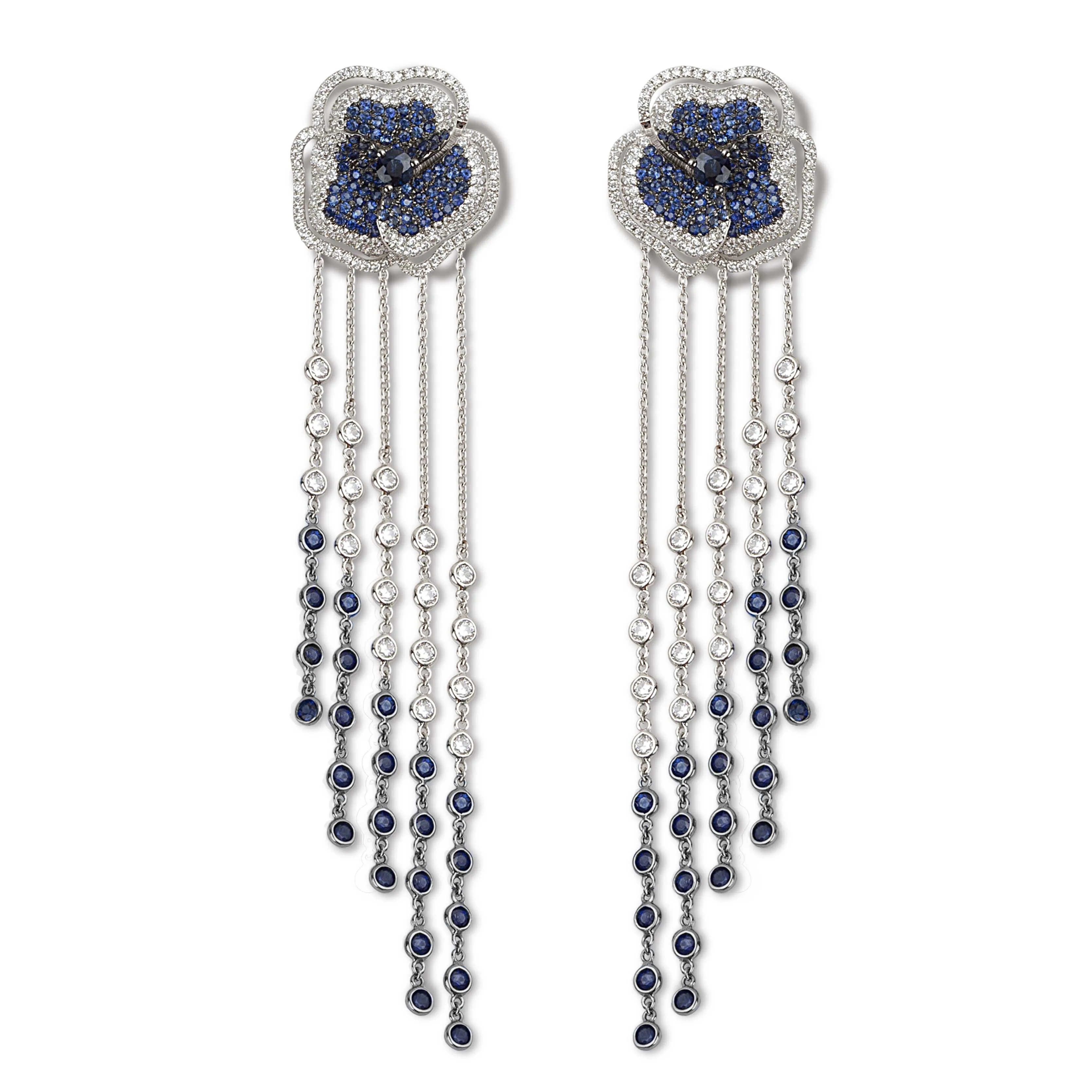 Bloom Medium Flower Halo Blue Sapphire Long Earrings in White Gold