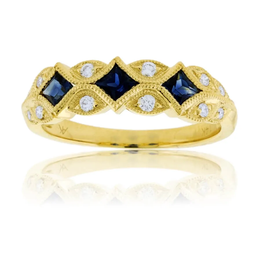 Blue Sapphire & Diamond Milgrain Style Band