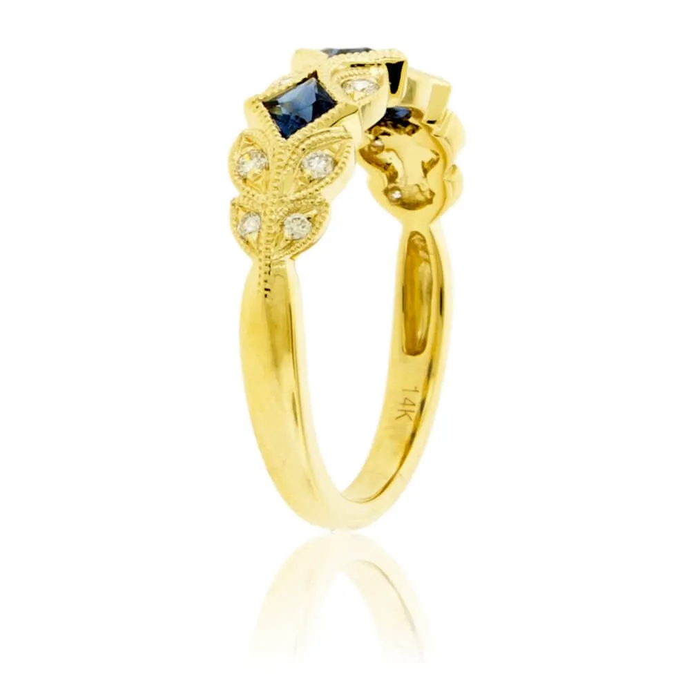 Blue Sapphire & Diamond Milgrain Style Band