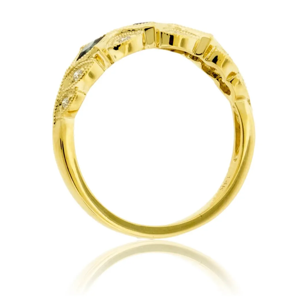 Blue Sapphire & Diamond Milgrain Style Band