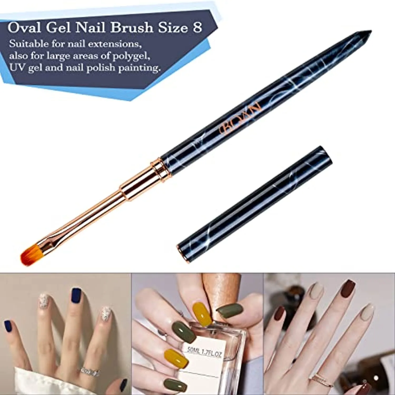 BQAN 2Pcs Oval & Flat UV Gel Nail Brush, Polygel Brush Kit For Nail Art and Acrylic Application Professional Nail Art Design Brushes Size 8