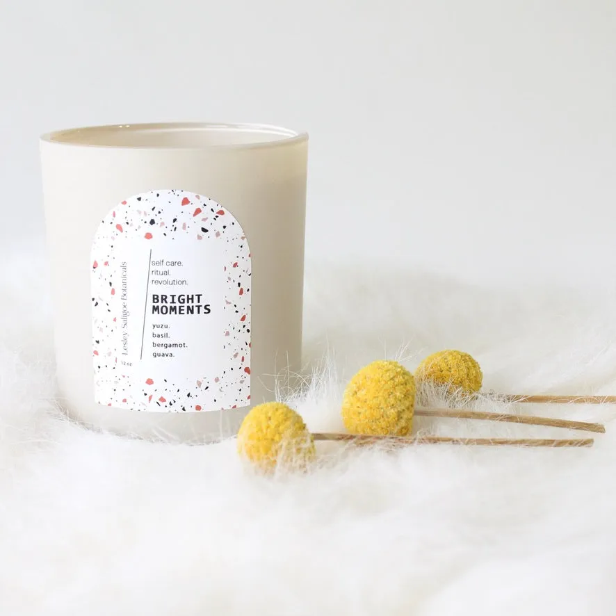 BRIGHT MOMENTS Hand Poured Candle. Yuzu. Basil. Bergamot. Odor Neutralizing Candle. Wood Wick. 12 oz. Matte Cream.