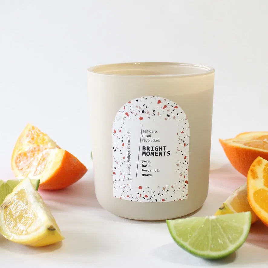 BRIGHT MOMENTS Hand Poured Candle. Yuzu. Basil. Bergamot. Odor Neutralizing Candle. Wood Wick. 12 oz. Matte Cream.