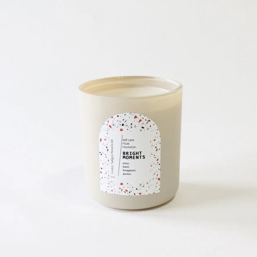 BRIGHT MOMENTS Hand Poured Candle. Yuzu. Basil. Bergamot. Odor Neutralizing Candle. Wood Wick. 12 oz. Matte Cream.