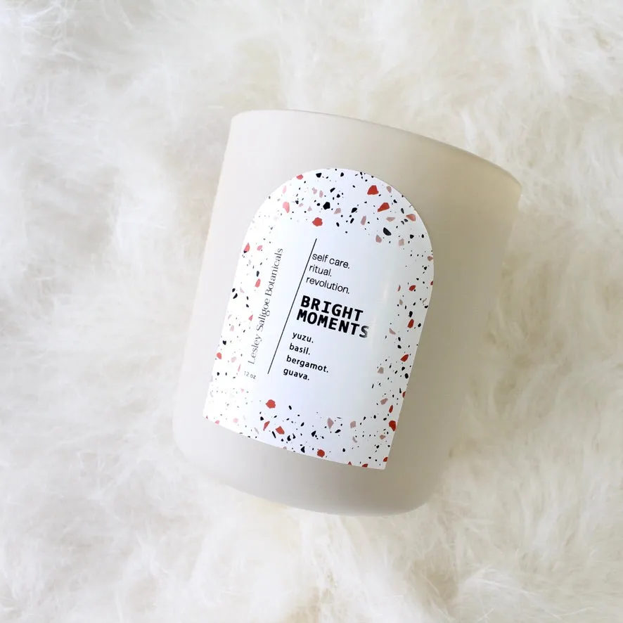 BRIGHT MOMENTS Hand Poured Candle. Yuzu. Basil. Bergamot. Odor Neutralizing Candle. Wood Wick. 12 oz. Matte Cream.