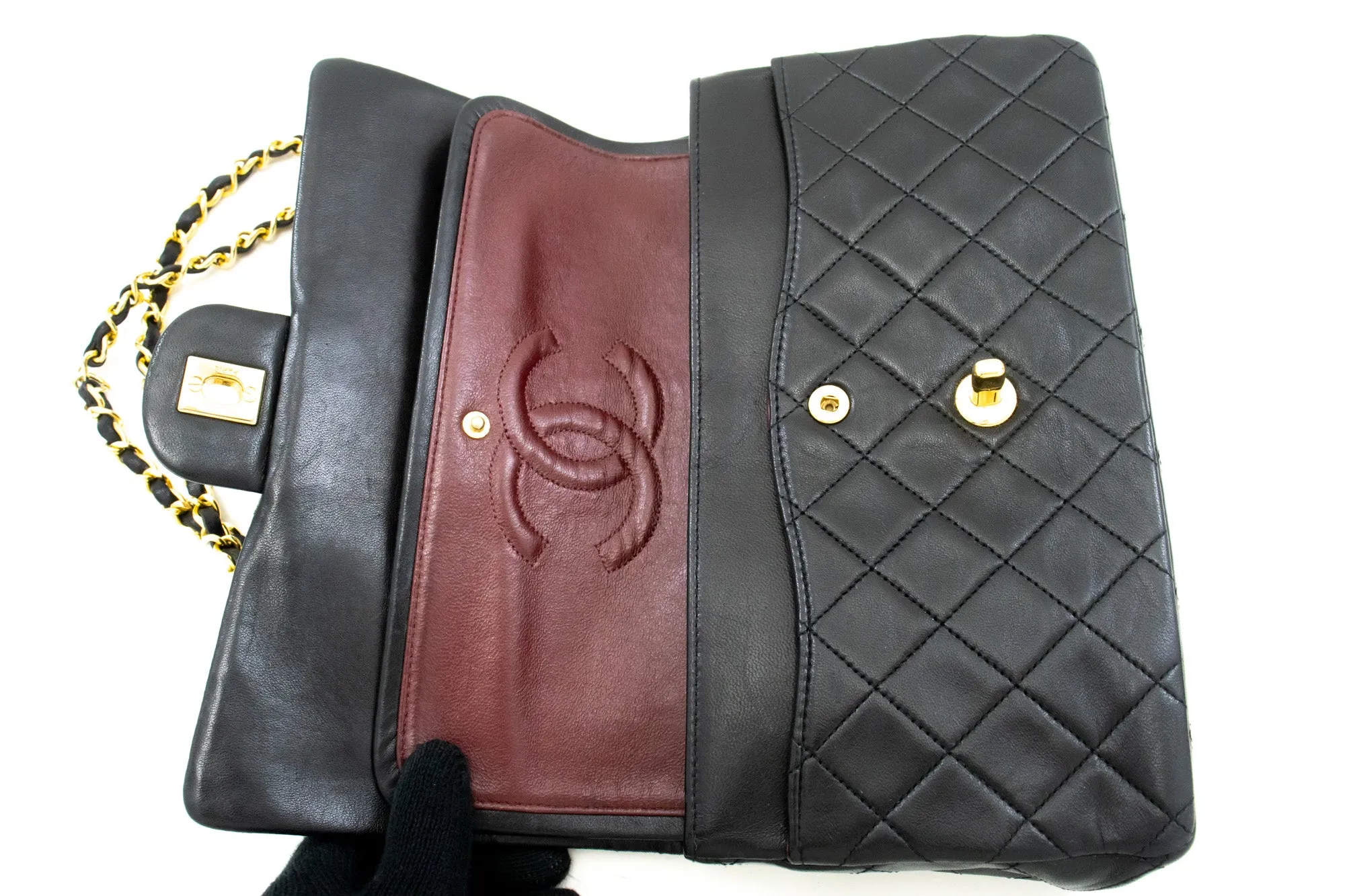 CHANEL Classic Double Flap 10" Chain Shoulder Bag Black Lambskin m68