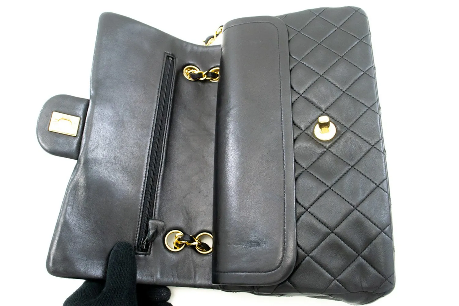 CHANEL Classic Double Flap 10" Chain Shoulder Bag Black Lambskin m68