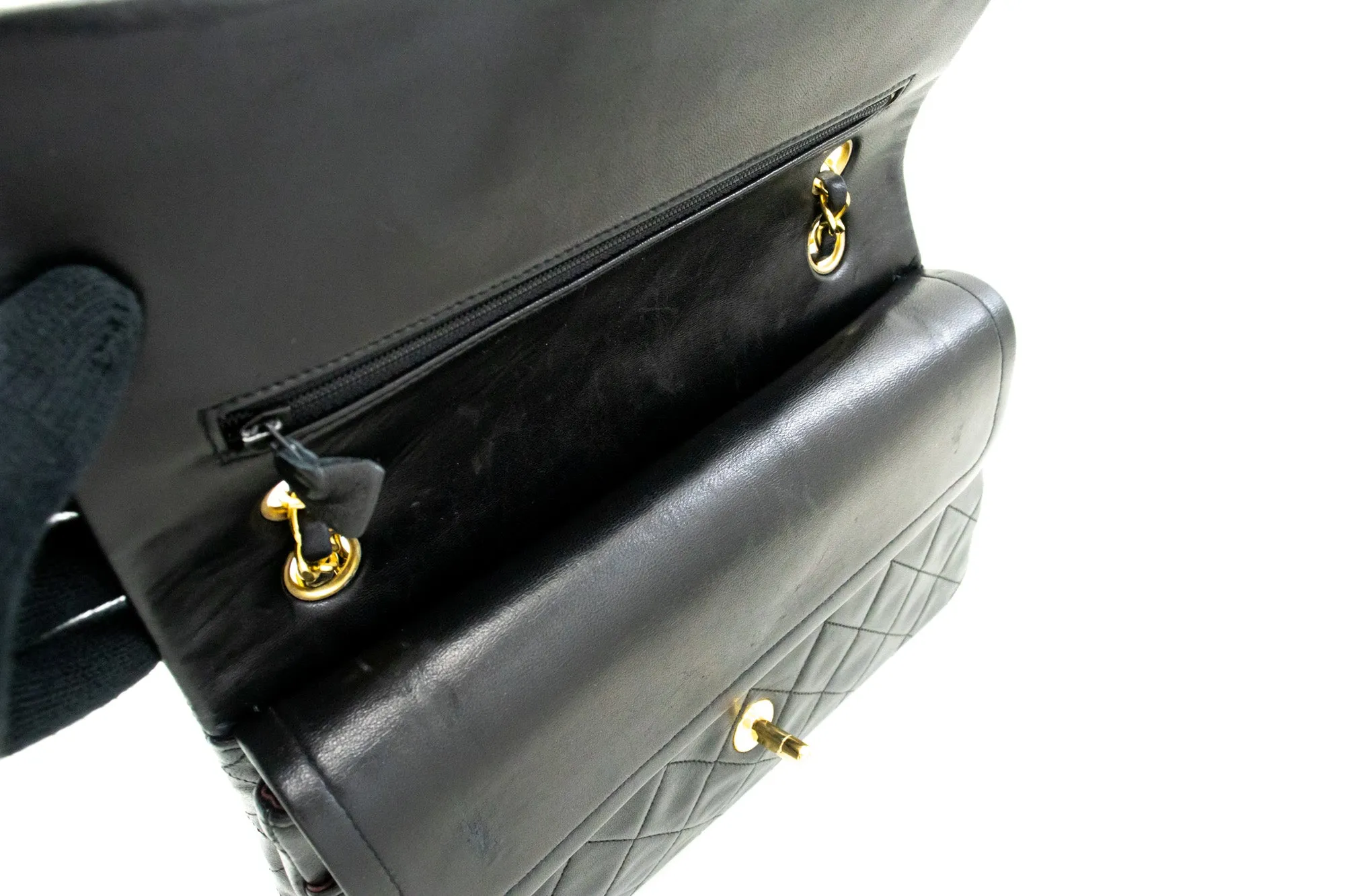 CHANEL Classic Double Flap 10" Chain Shoulder Bag Black Lambskin m68