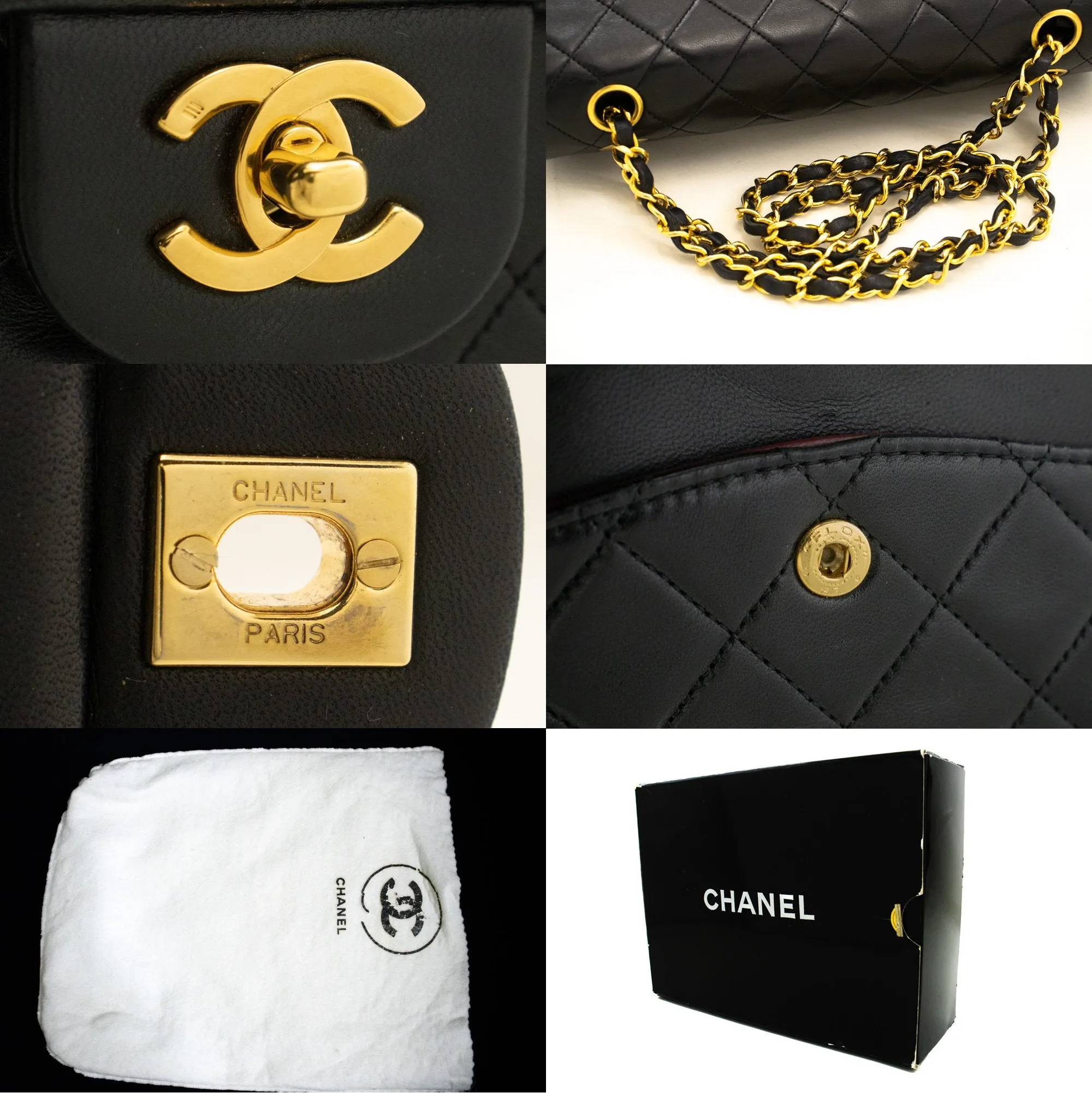 CHANEL Classic Double Flap 10" Chain Shoulder Bag Black Lambskin m68