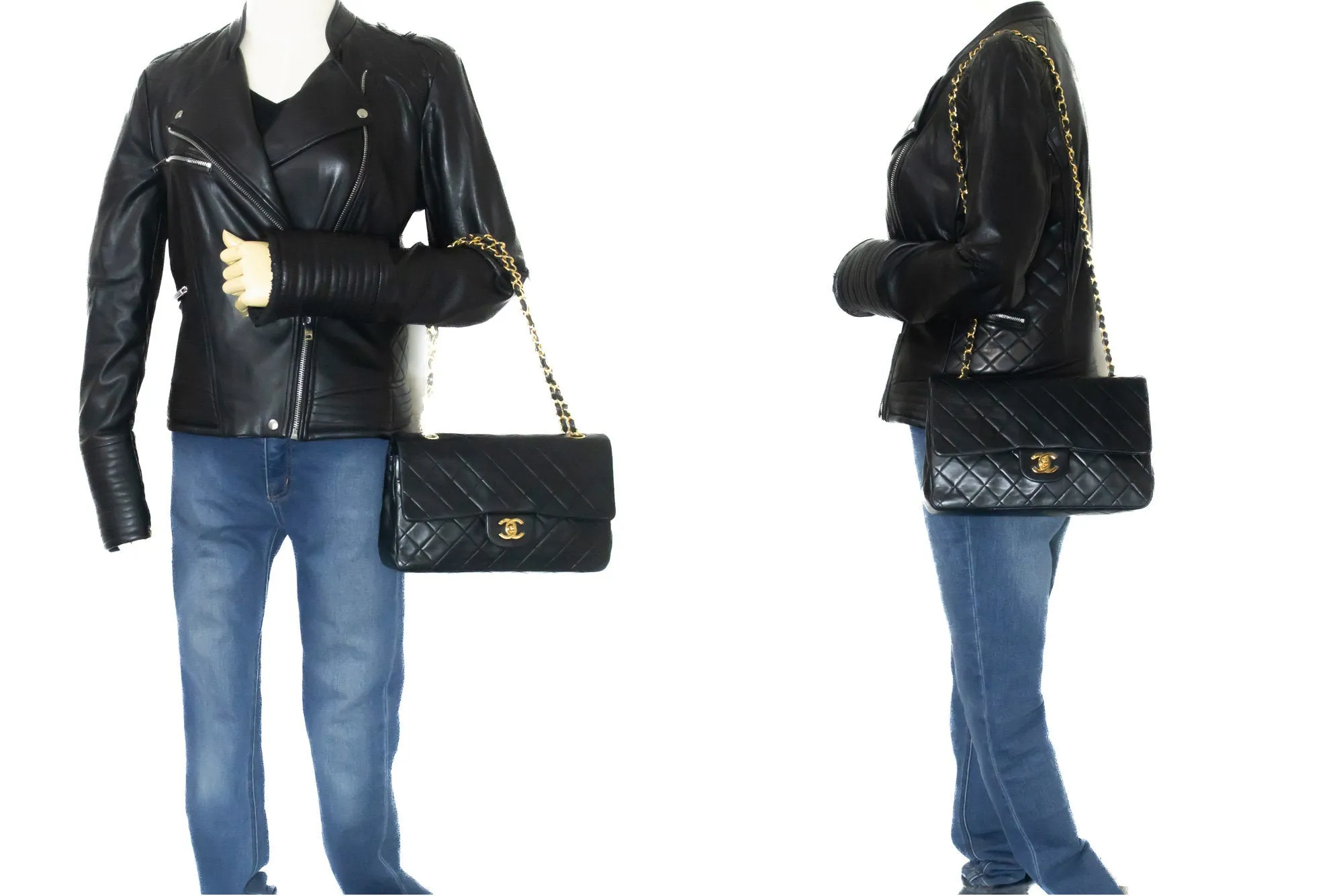 CHANEL Classic Double Flap 10" Chain Shoulder Bag Black Lambskin m68