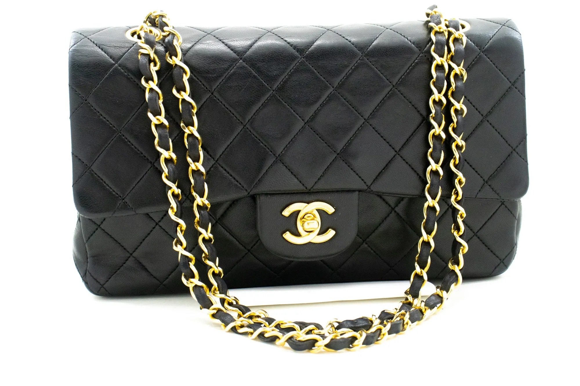 CHANEL Classic Double Flap 10" Chain Shoulder Bag Black Lambskin m68