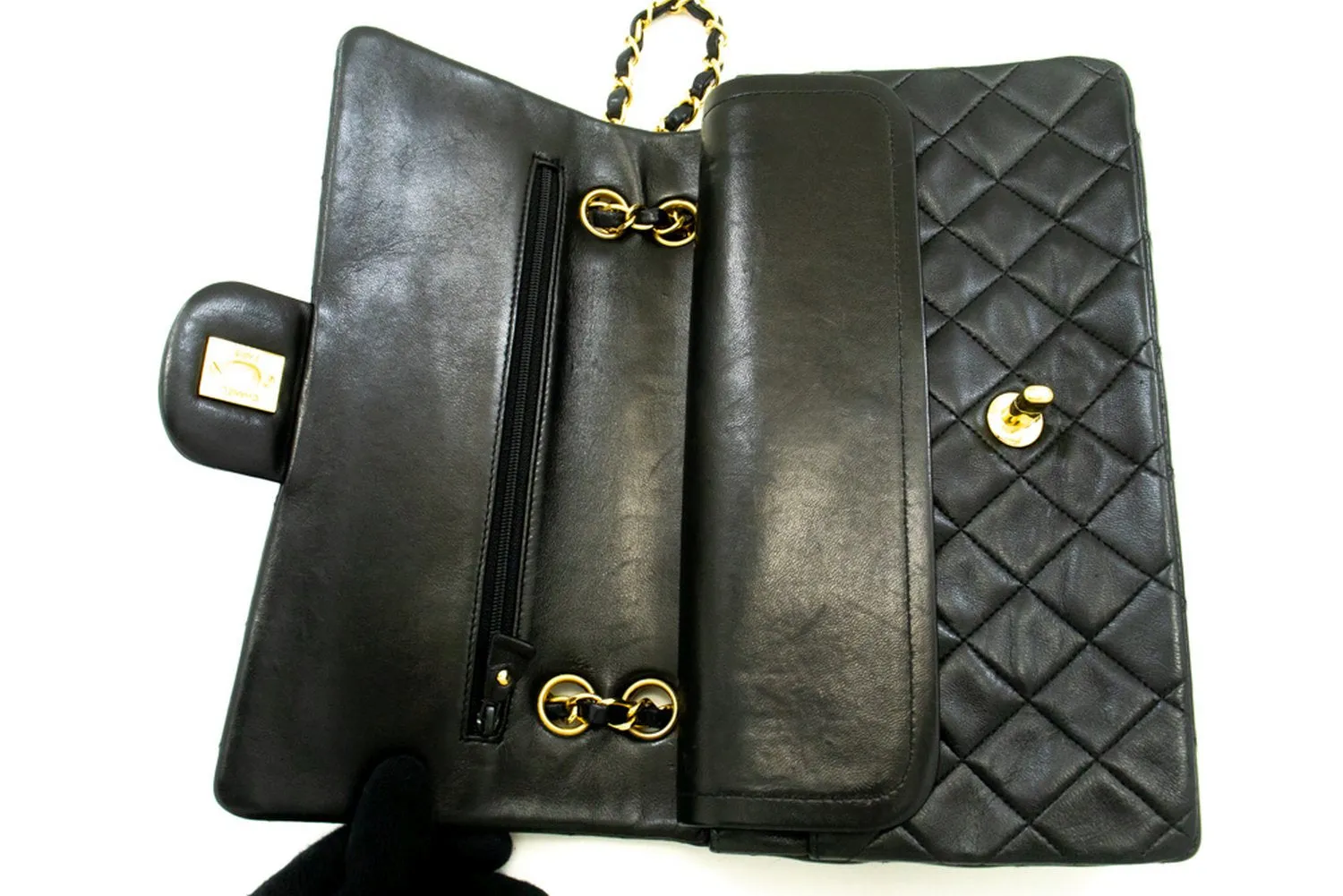 CHANEL Classic Double Flap 10" Chain Shoulder Bag Black Lambskin m84
