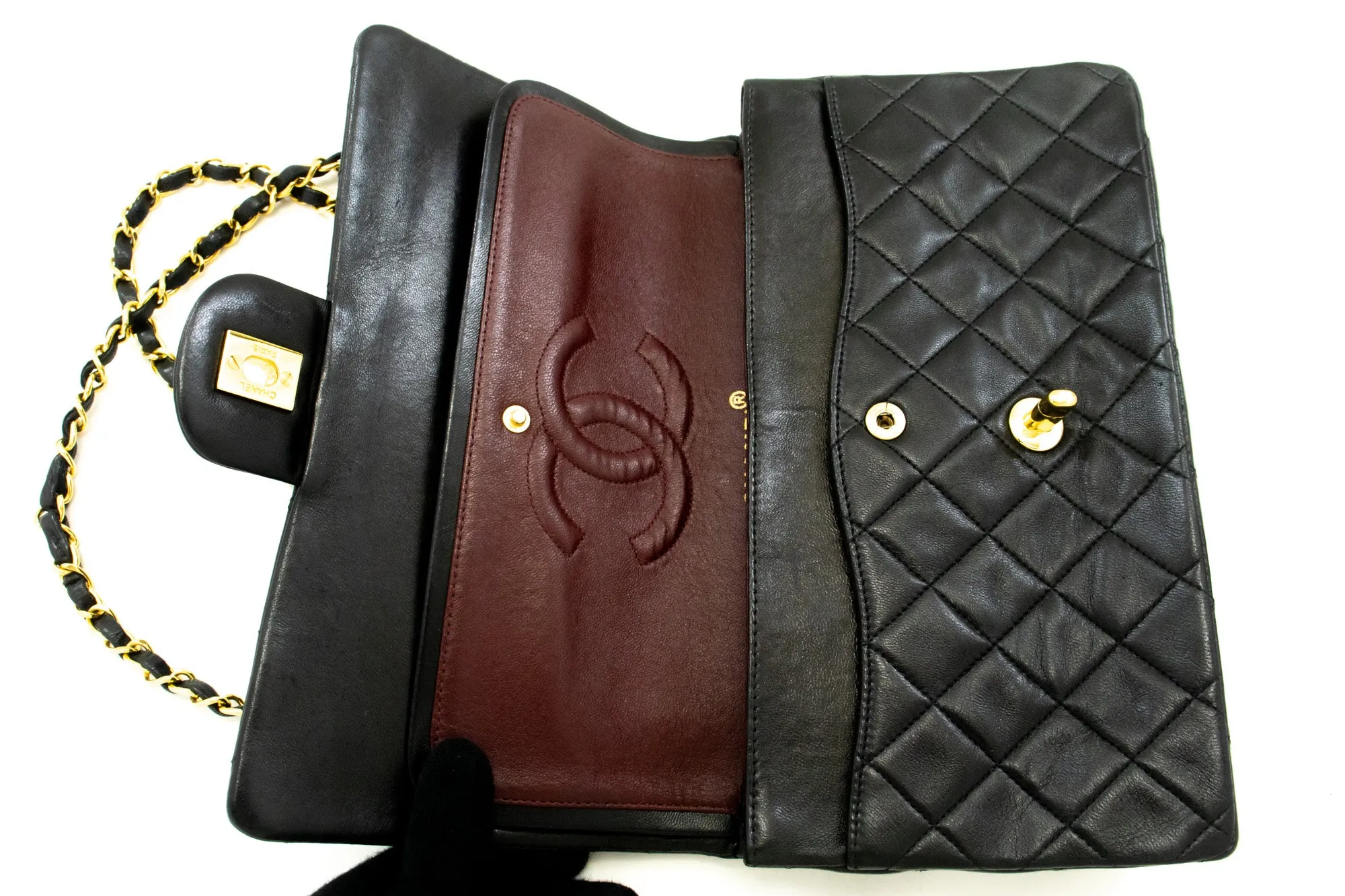 CHANEL Classic Double Flap 10" Chain Shoulder Bag Black Lambskin m84