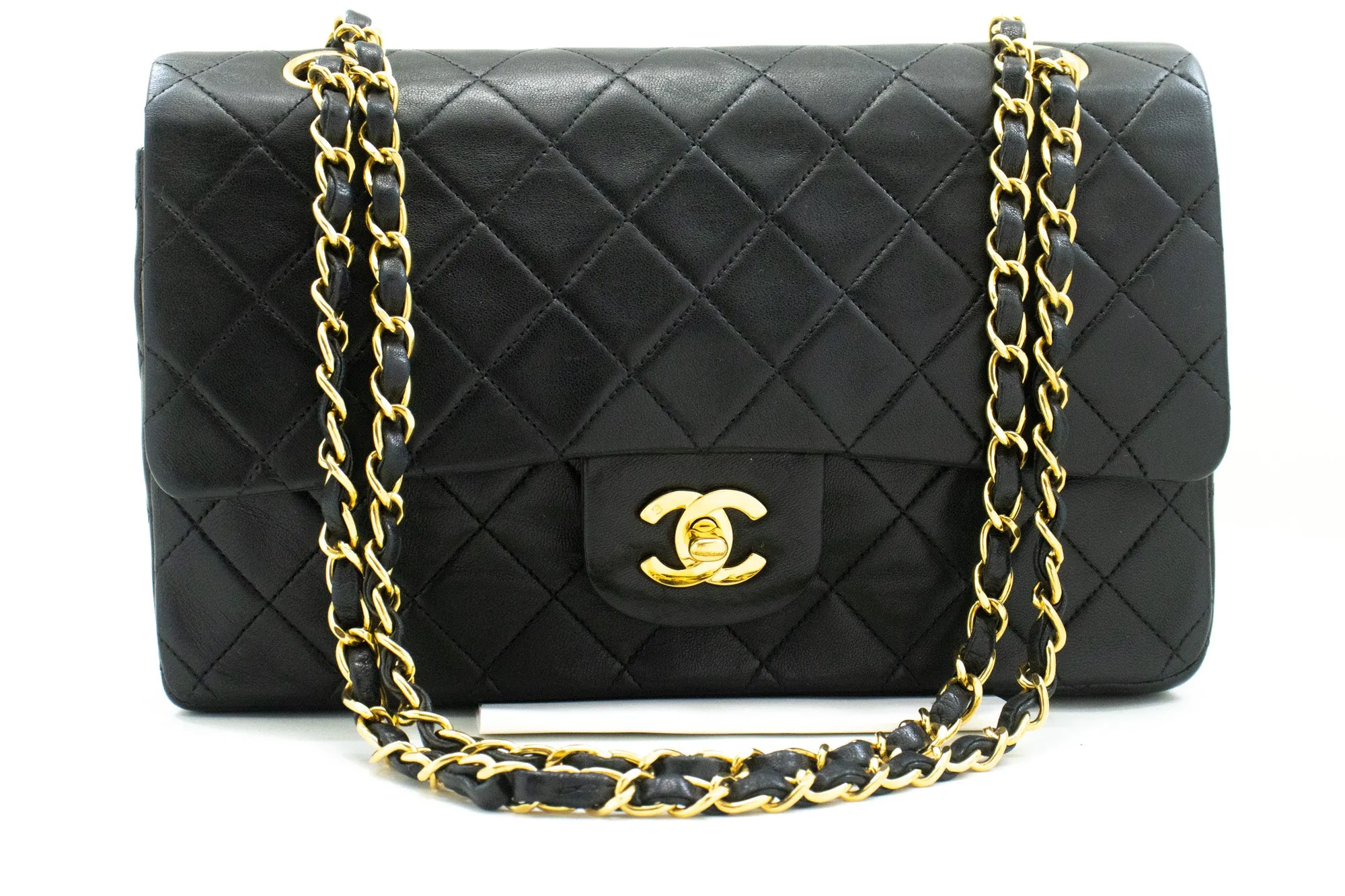 CHANEL Classic Double Flap 10" Chain Shoulder Bag Black Lambskin m84