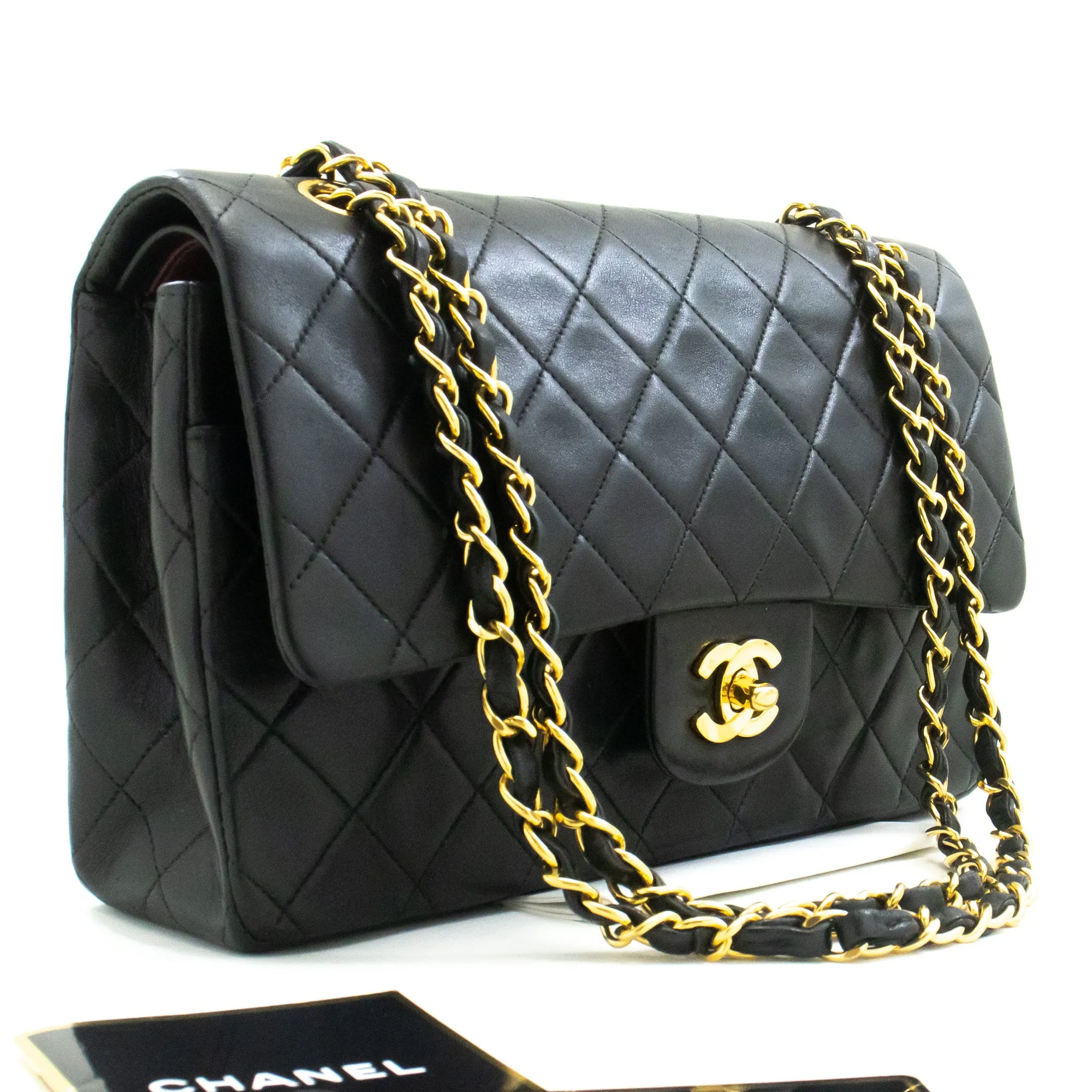 CHANEL Classic Double Flap 10" Chain Shoulder Bag Black Lambskin m84