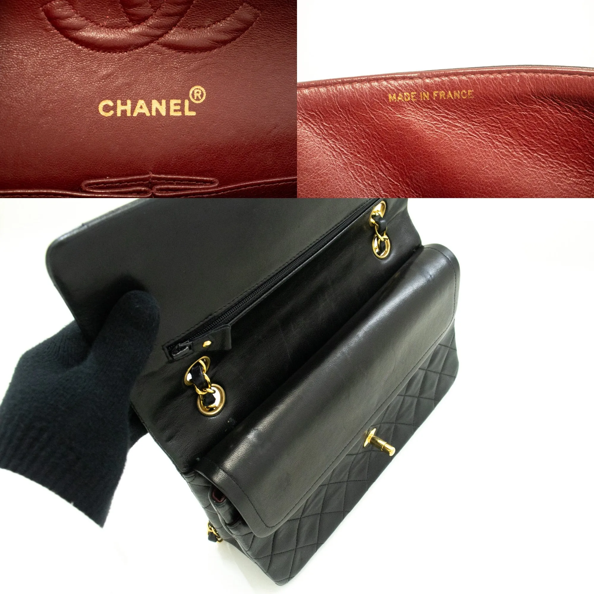 CHANEL Classic Double Flap 10" Chain Shoulder Bag Black Lambskin m84